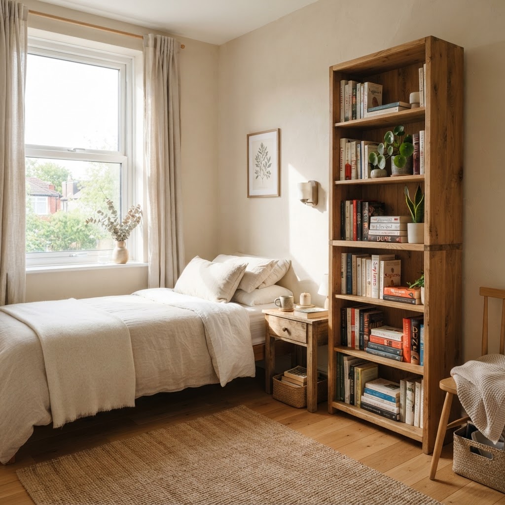 Use tall bookshelves to maximize vertical storage.