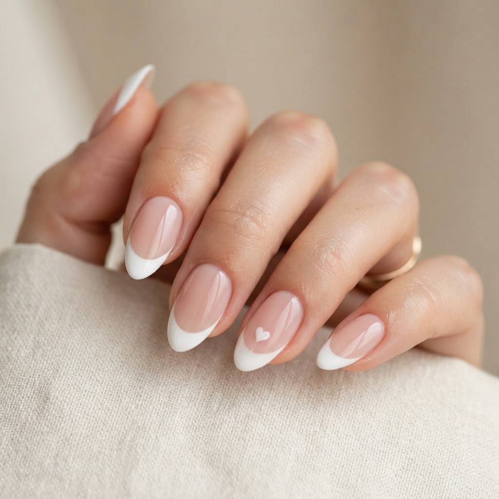 Classic almond french tip press-on nails with a romantic heart accent.