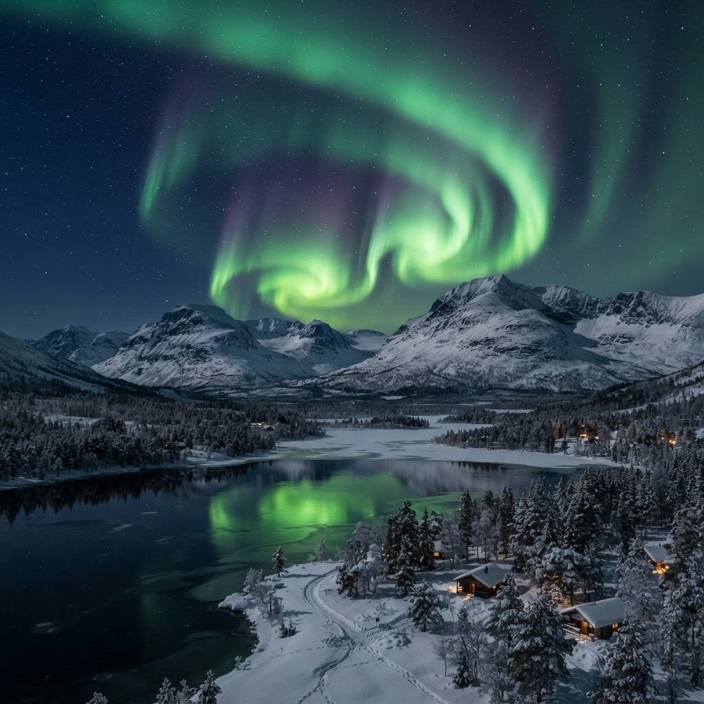 Dancing lights over the Arctic horizon.