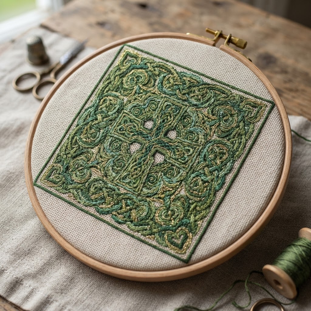 A stunning example of traditional Celtic knotwork in vibrant greens and golds.