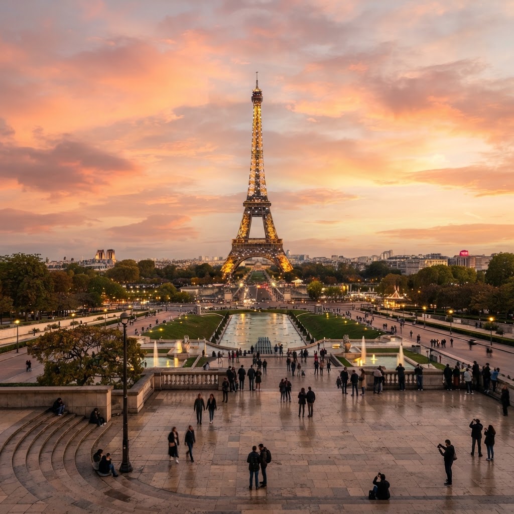 The iconic view from Trocadéro as the sun sets.