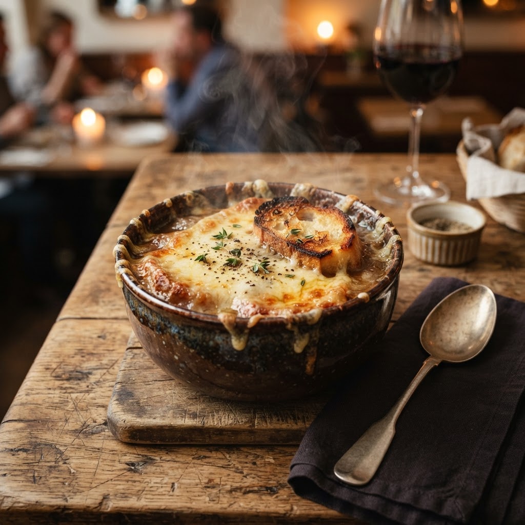 A perfect bowl of French Onion Soup with bubbly, melted cheese.