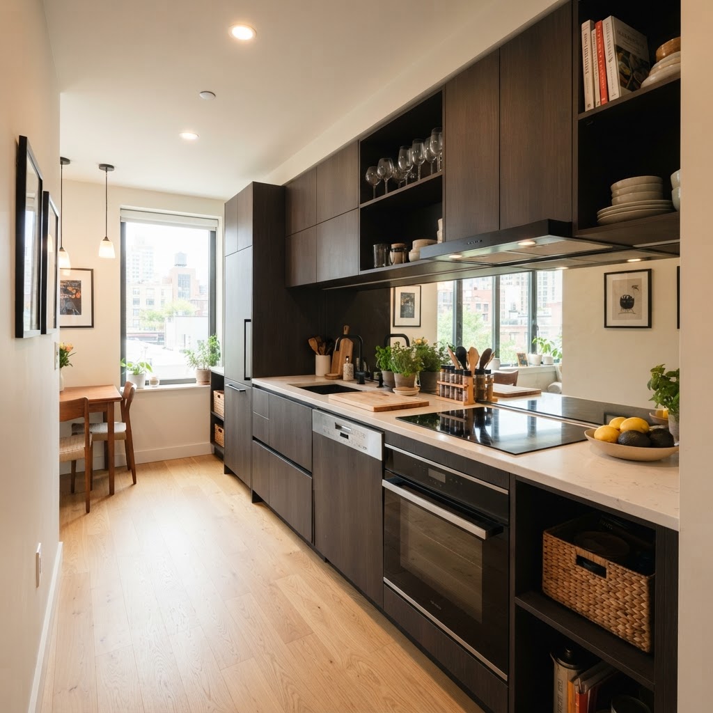 Mirrored surfaces expand the room visually.