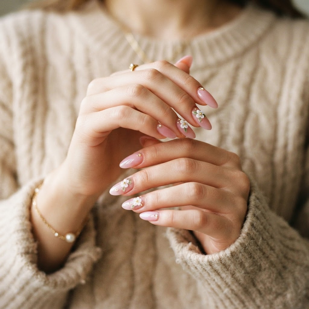 Elegant almond-shaped pink nails with floral charms, perfect for a chic and feminine look.