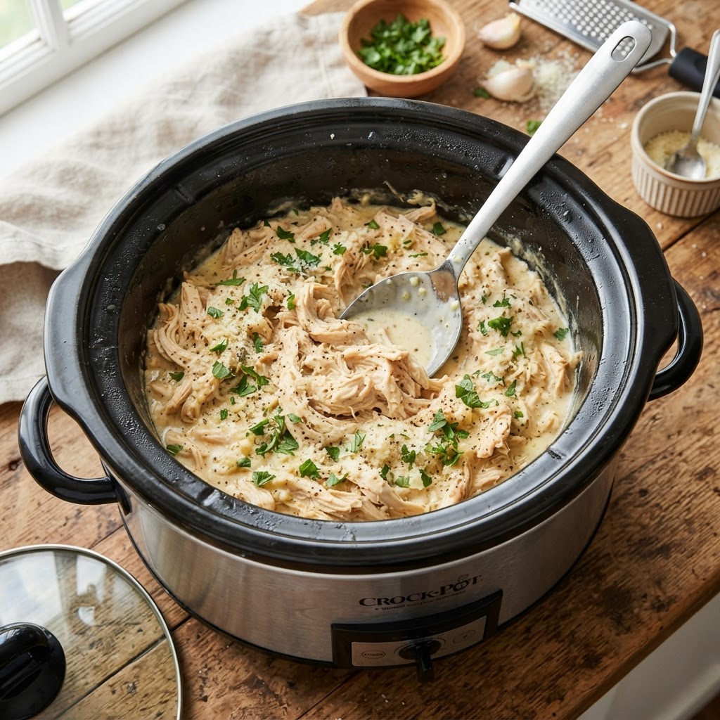 Creamy garlic parmesan chicken fresh from the slow cooker.