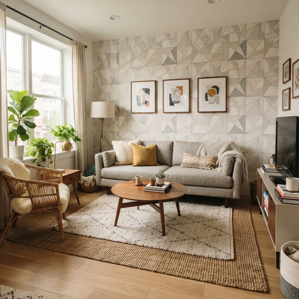 Peel-and-stick wallpaper adds instant depth and character to small living spaces.