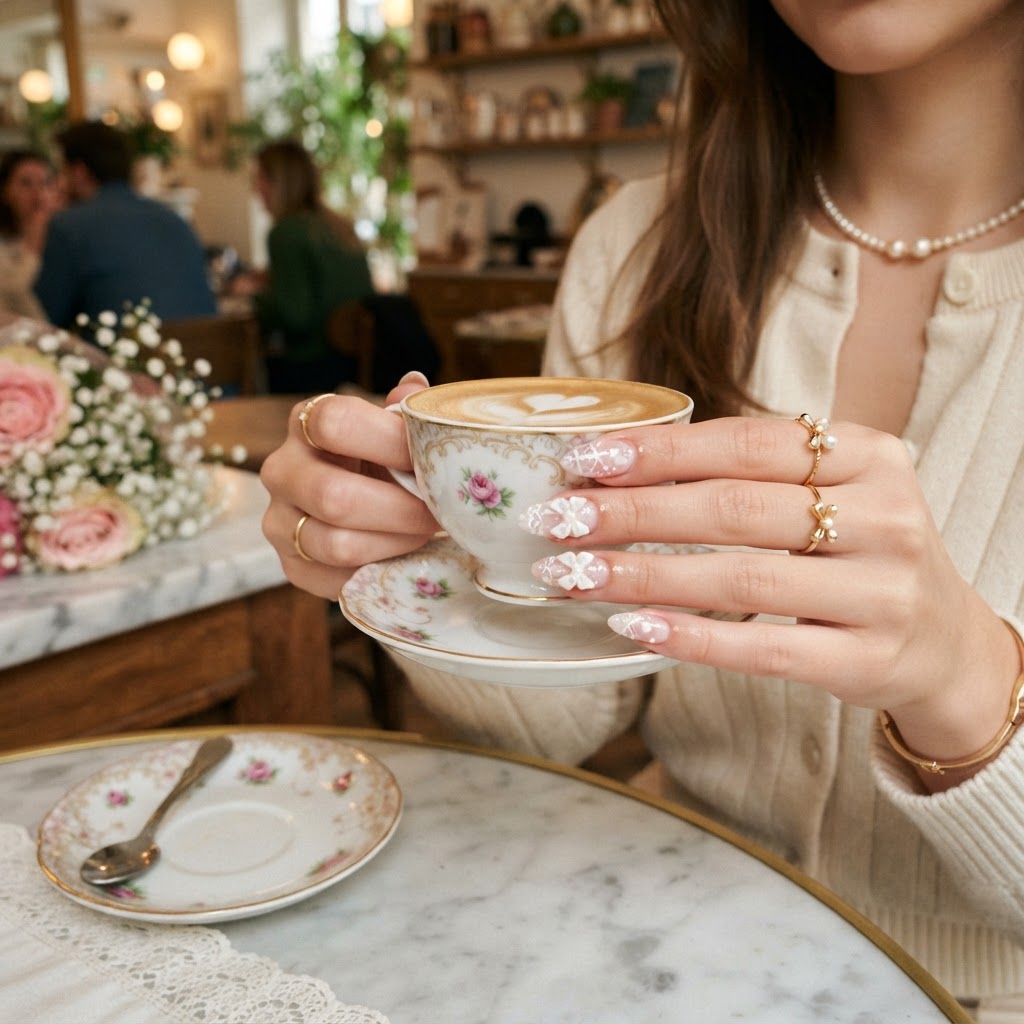 Chic and cozy coquette nails for the perfect cafe date look.