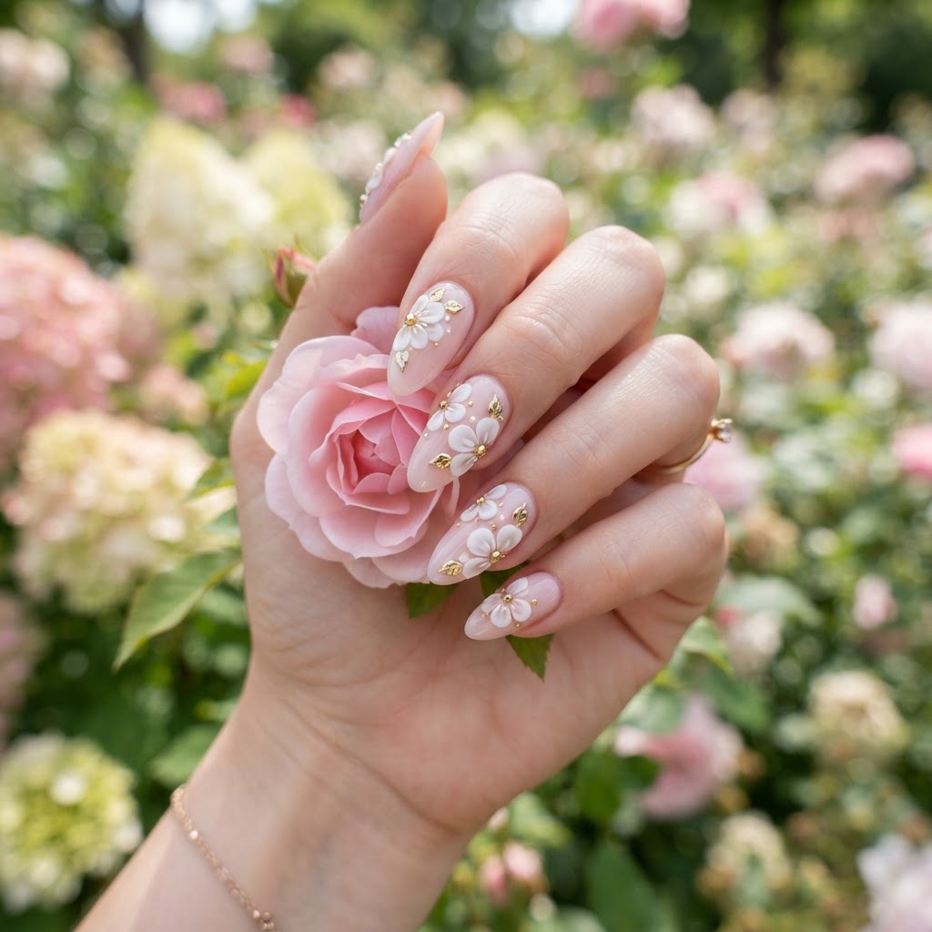 Delicate soft pink 3D floral nails for a romantic aesthetic.