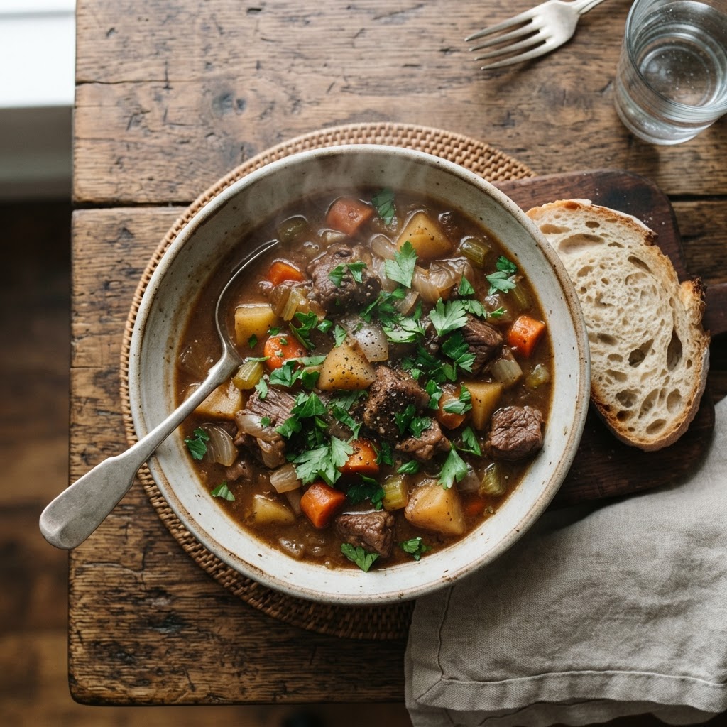 A steaming bowl of homemade stew ready to be served.