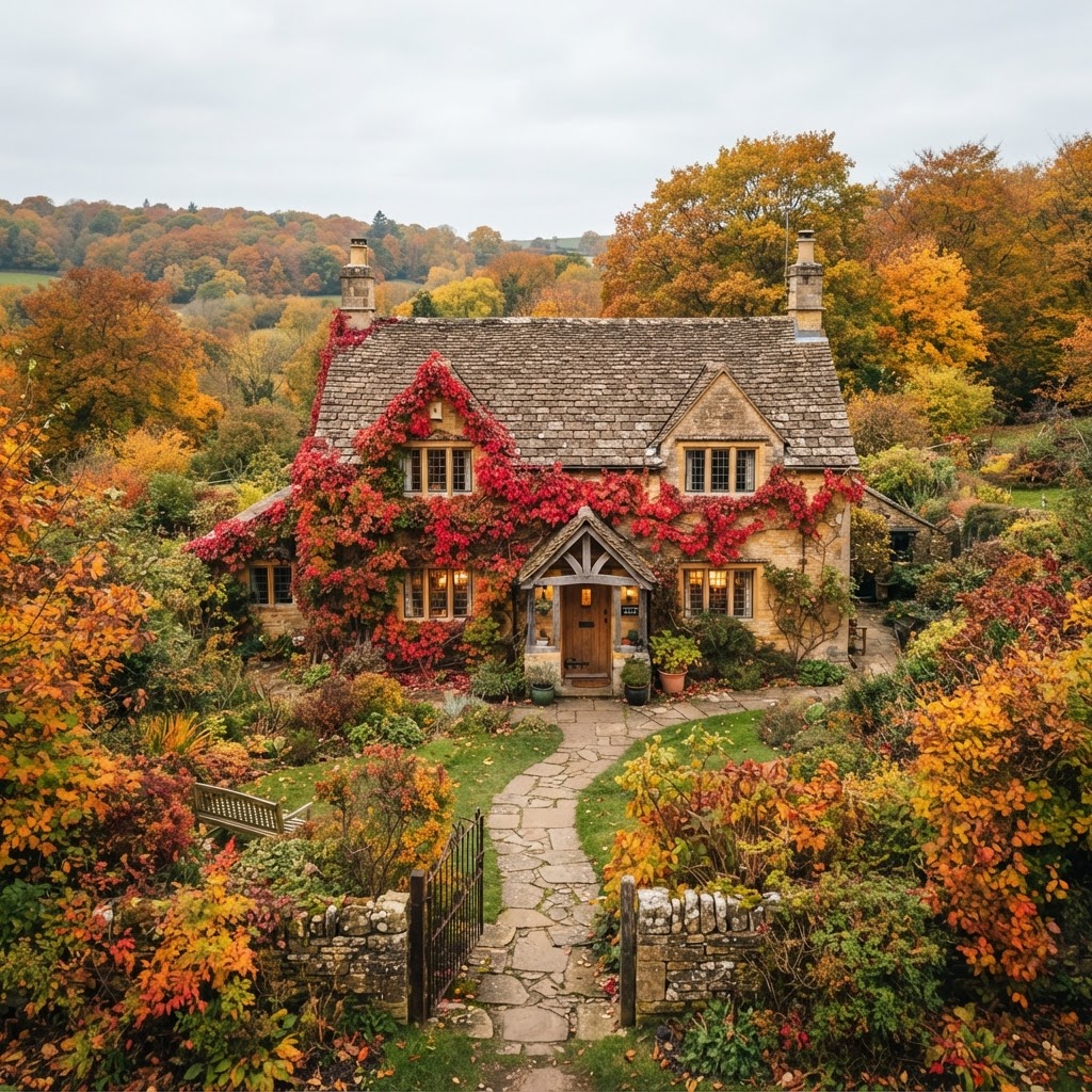 Traditional Cotswolds stone cottages draped in fiery autumn ivy.