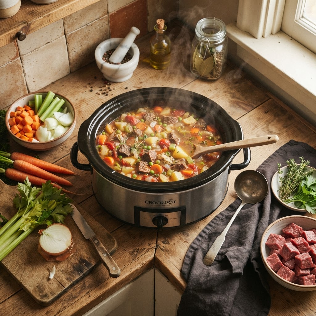 A steaming bowl of hearty beef and vegetable soup prepared in a slow cooker.