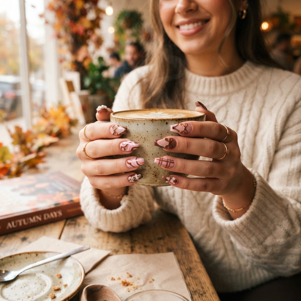 Beautiful brown autumn-inspired nails paired with a cozy coffee aesthetic.