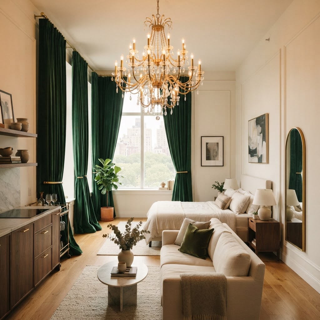 Floor-to-ceiling curtains and statement lighting instantly elevate the luxury factor of a small studio.