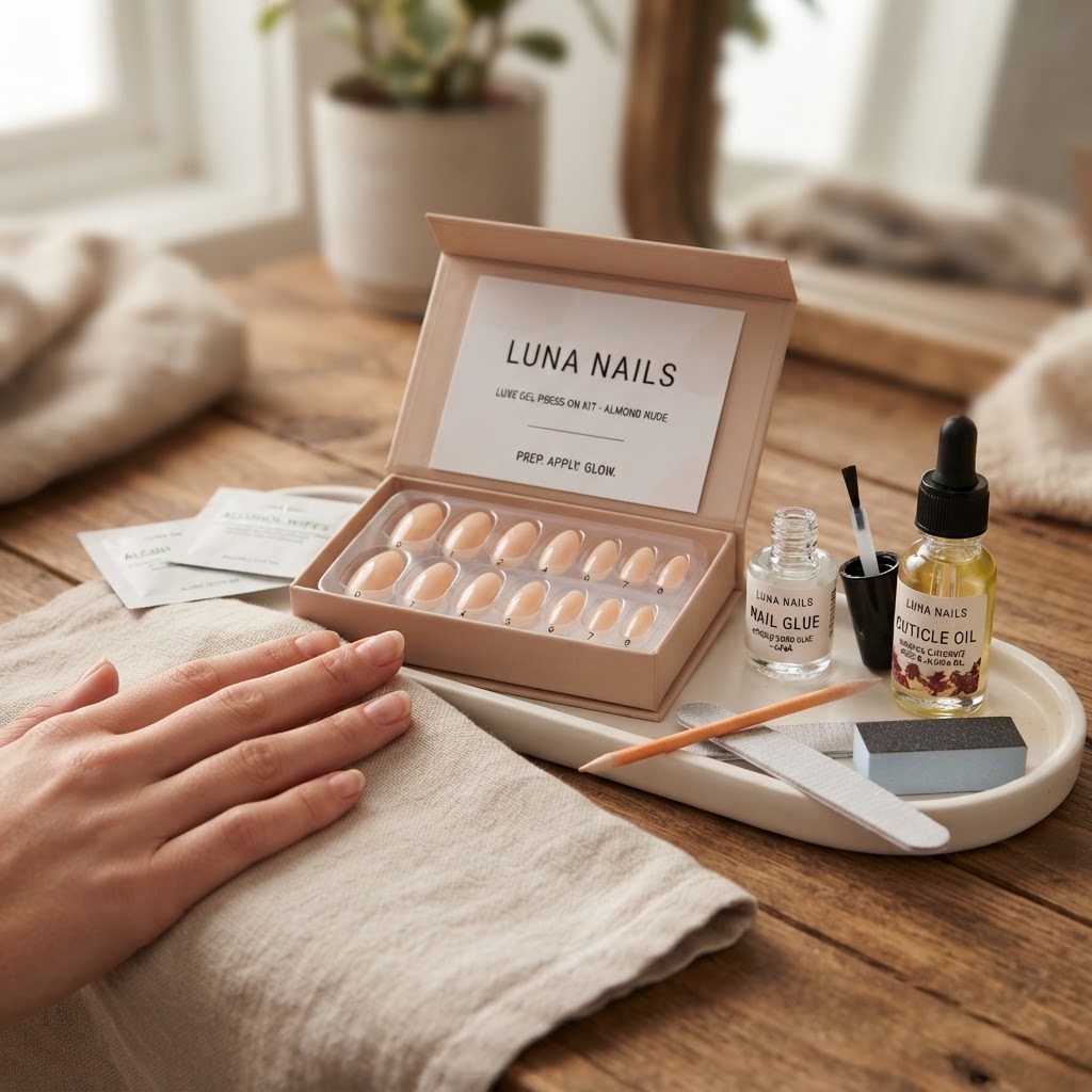 Essential tools for a perfect at-home press on nail application.