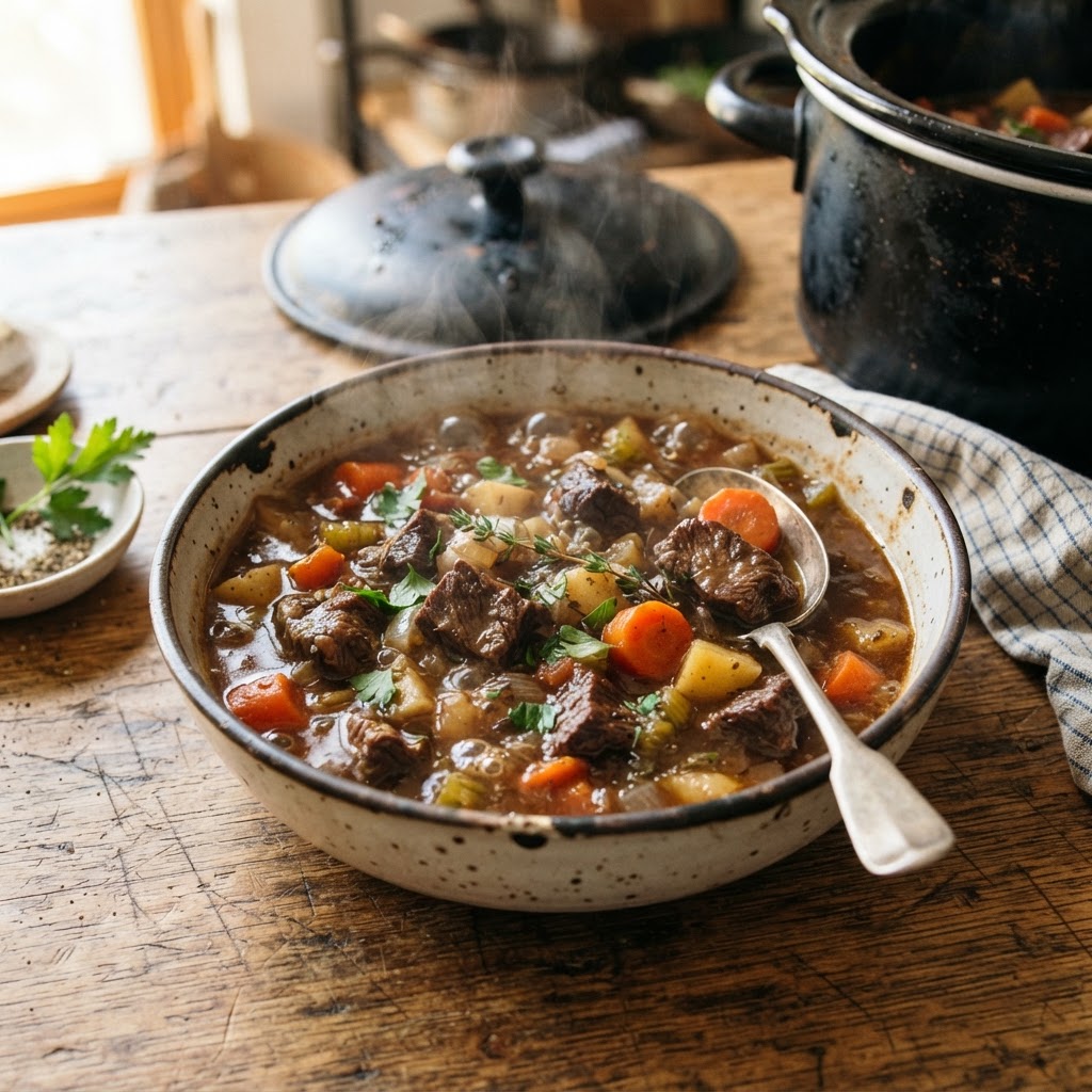 A warm, hearty serving of homemade slow cooker beef stew.