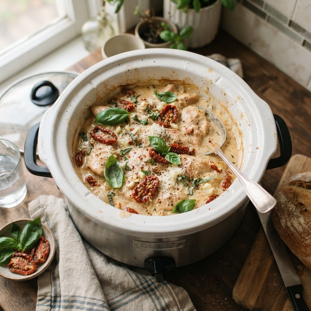 A hearty Marry Me Chicken ready to serve right from the slow cooker.