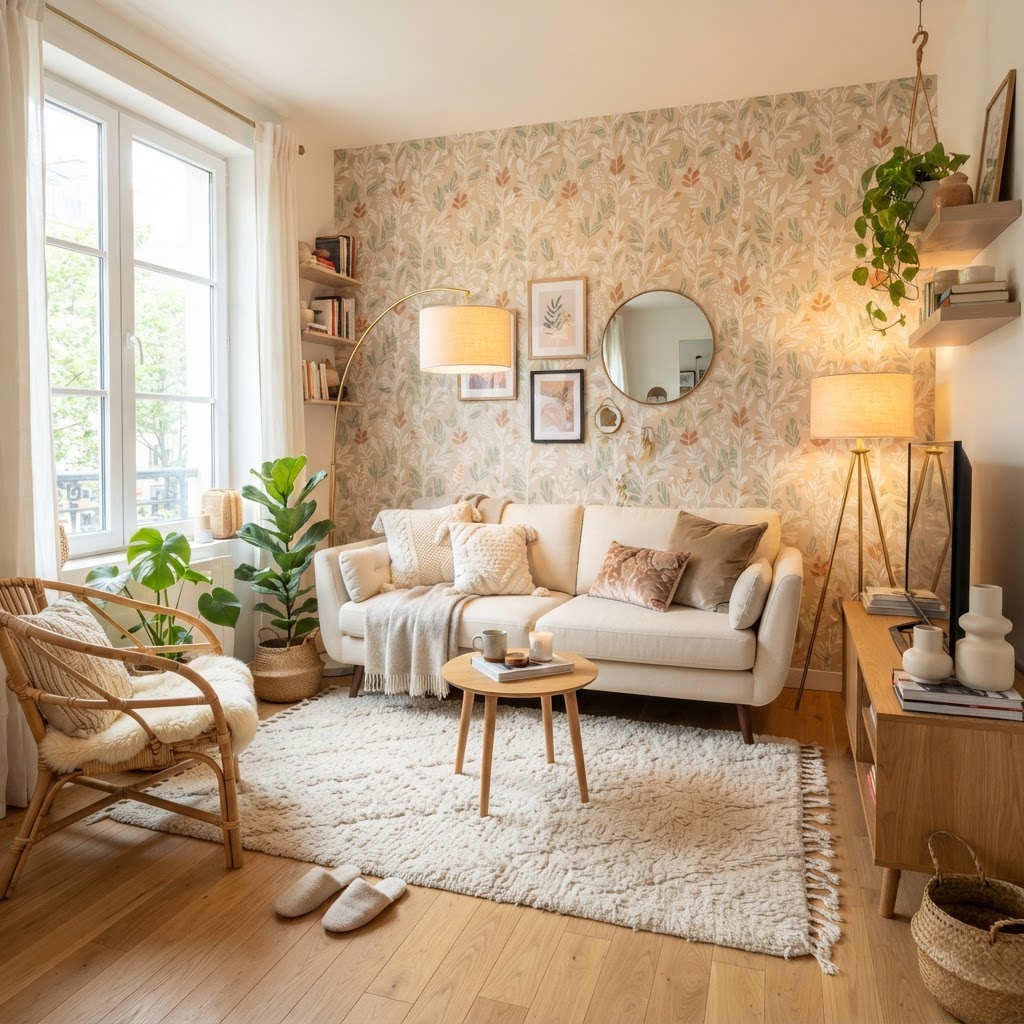 A transformed living room using renter-friendly decor.