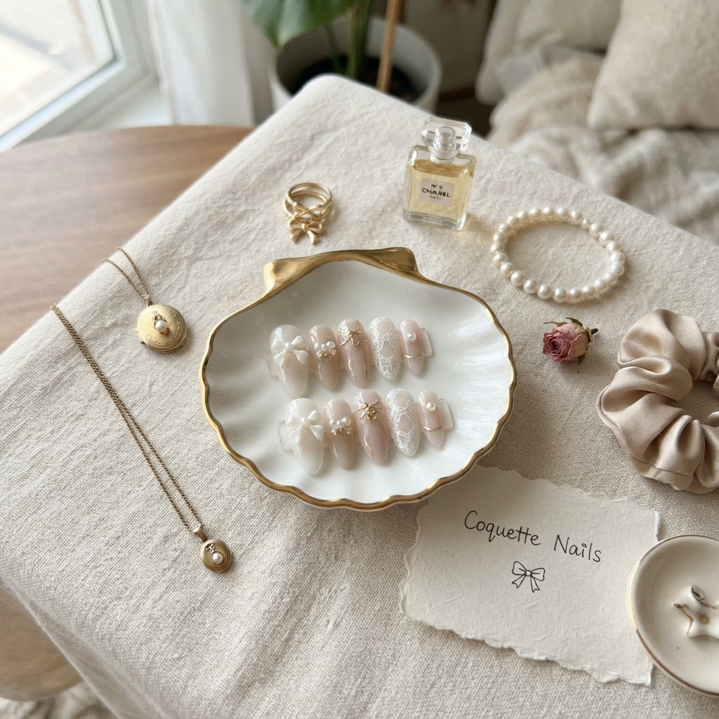 Chic coquette-inspired nails with bows and pearls for a trendy look.