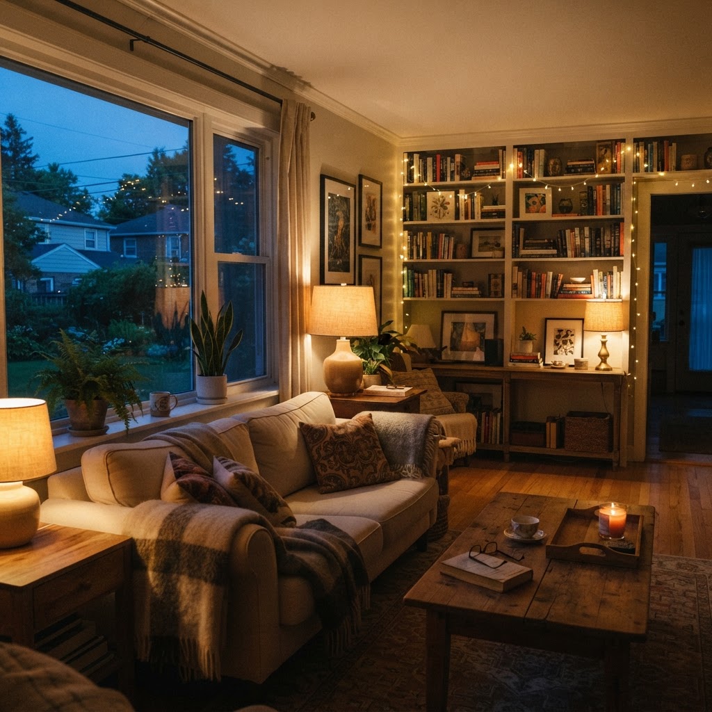 Layered lighting creates depth in a cozy living space.