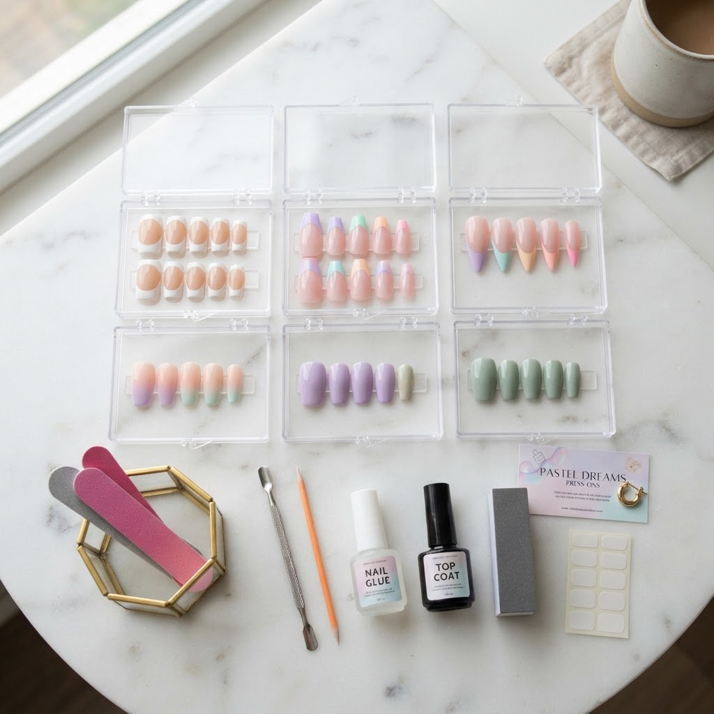 A variety of press on nail styles ranging from classic to trendy pastel colors.
