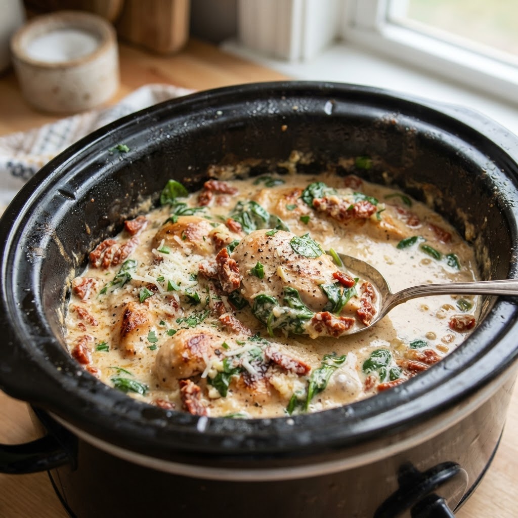 The perfect, creamy slow cooker chicken with sun-dried tomatoes and spinach.