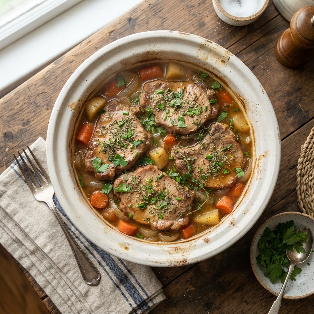 Slow cooker pork chops ready to be served.