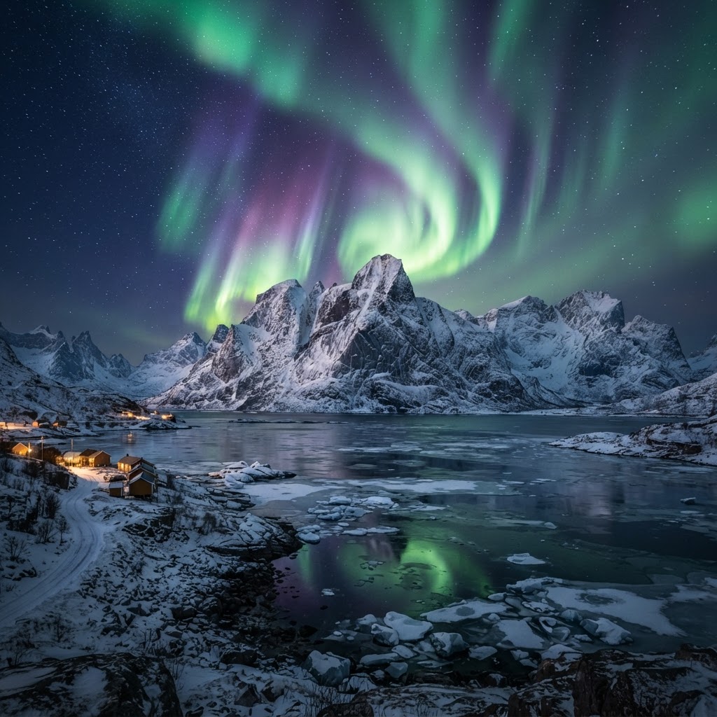 The ethereal glow of the Aurora Borealis over Arctic peaks.