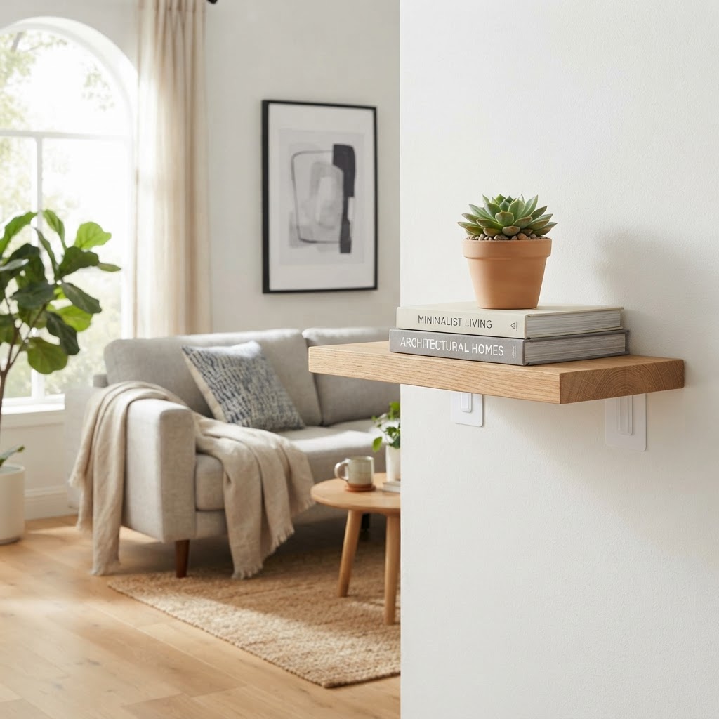 Modern adhesive-mounted shelves are perfect for light decor.