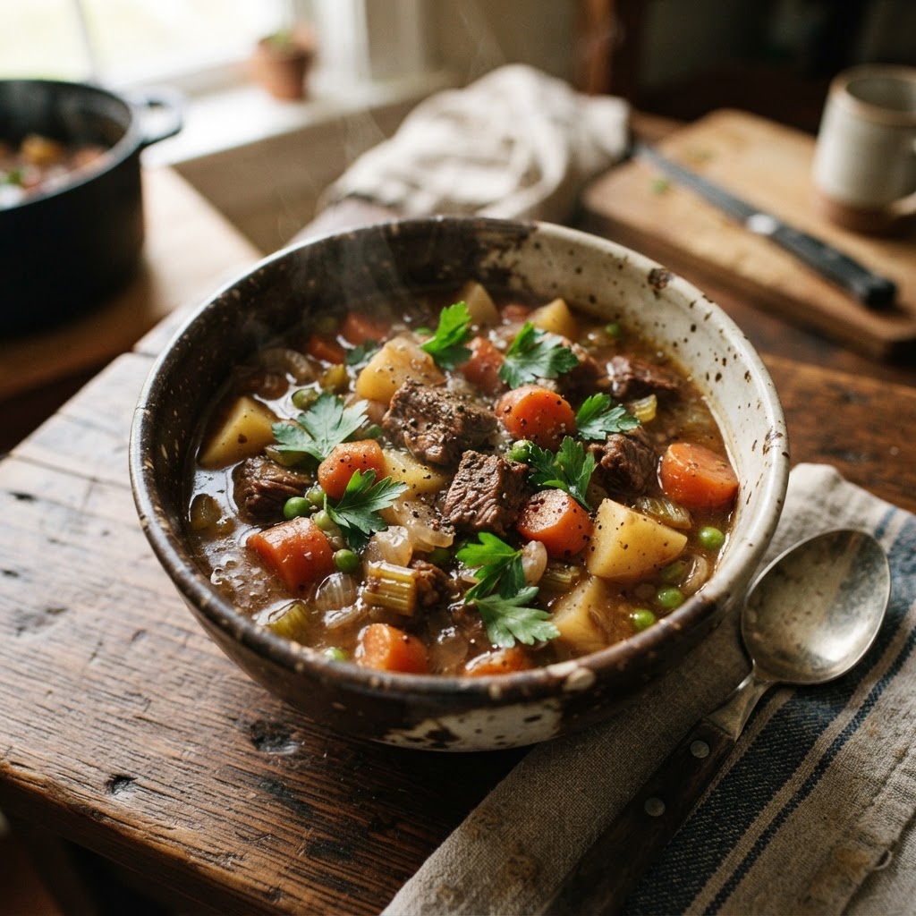 A bowl of slow cooker beef stew.