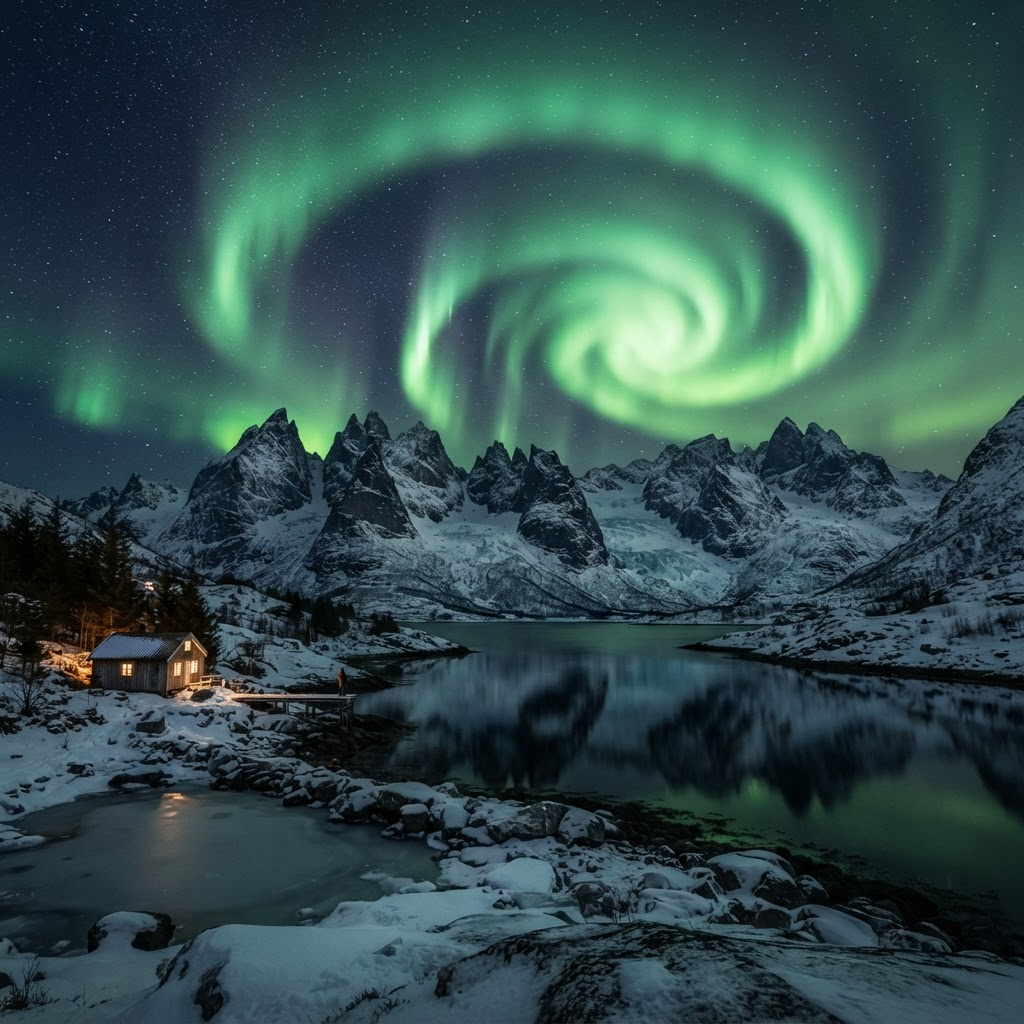 The Aurora Borealis dancing above snowy Arctic peaks.