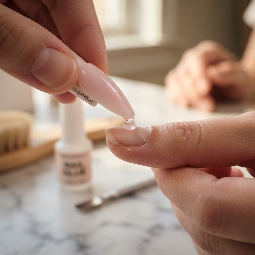 Applying press-ons at a 45-degree angle ensures an air-bubble-free seal.