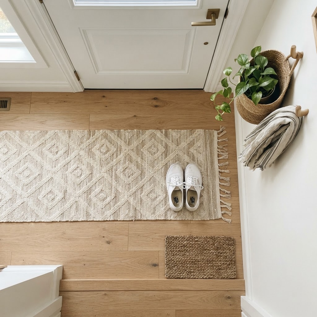 A well-defined entryway zone creates a clean welcome.