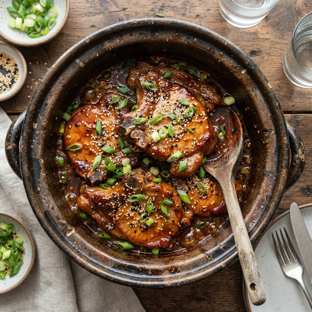 Delicious honey garlic pork chops ready to be served.