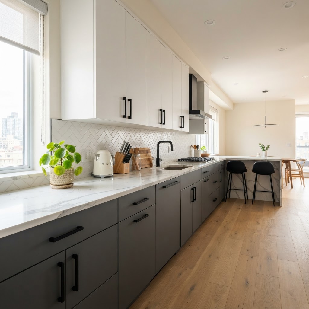 Swapping hardware and updating countertops are simple ways to modernize a kitchen.