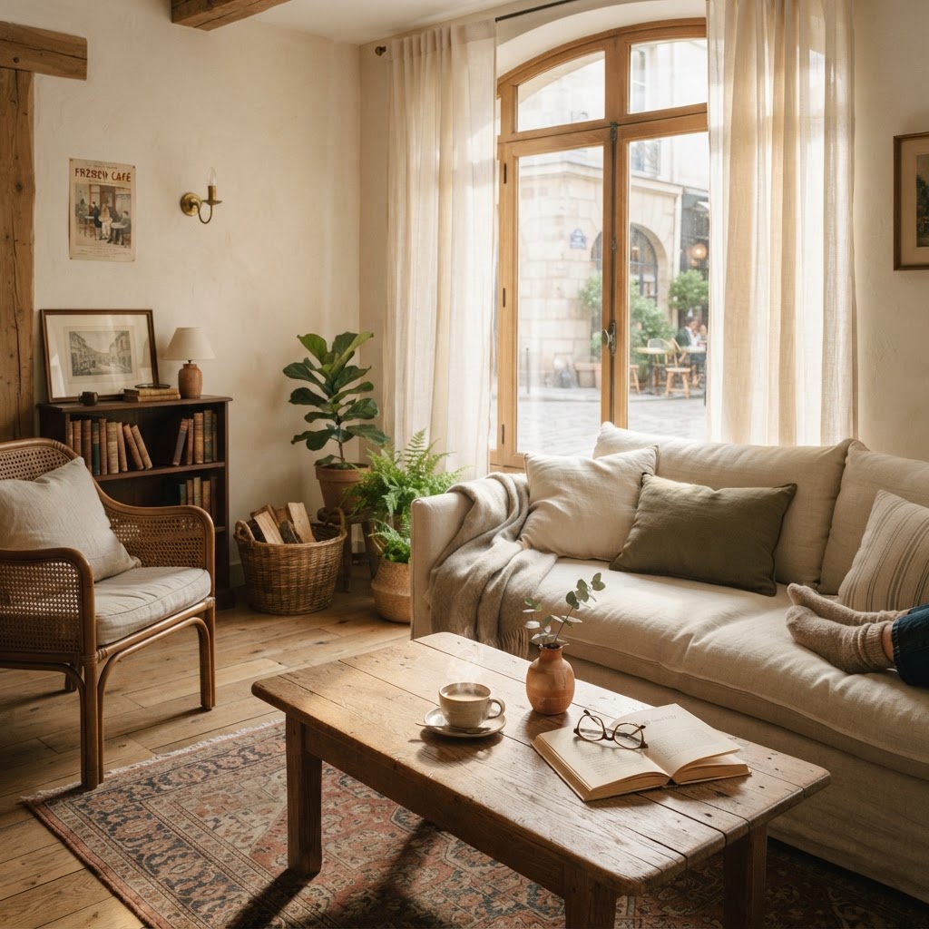 A serene and sun-drenched quiet luxury living corner.