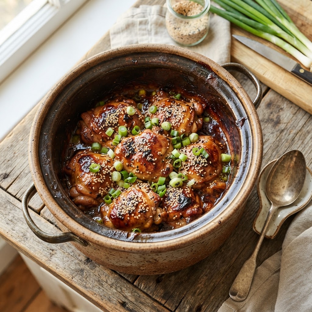 Honey garlic chicken ready to be served from the slow cooker.