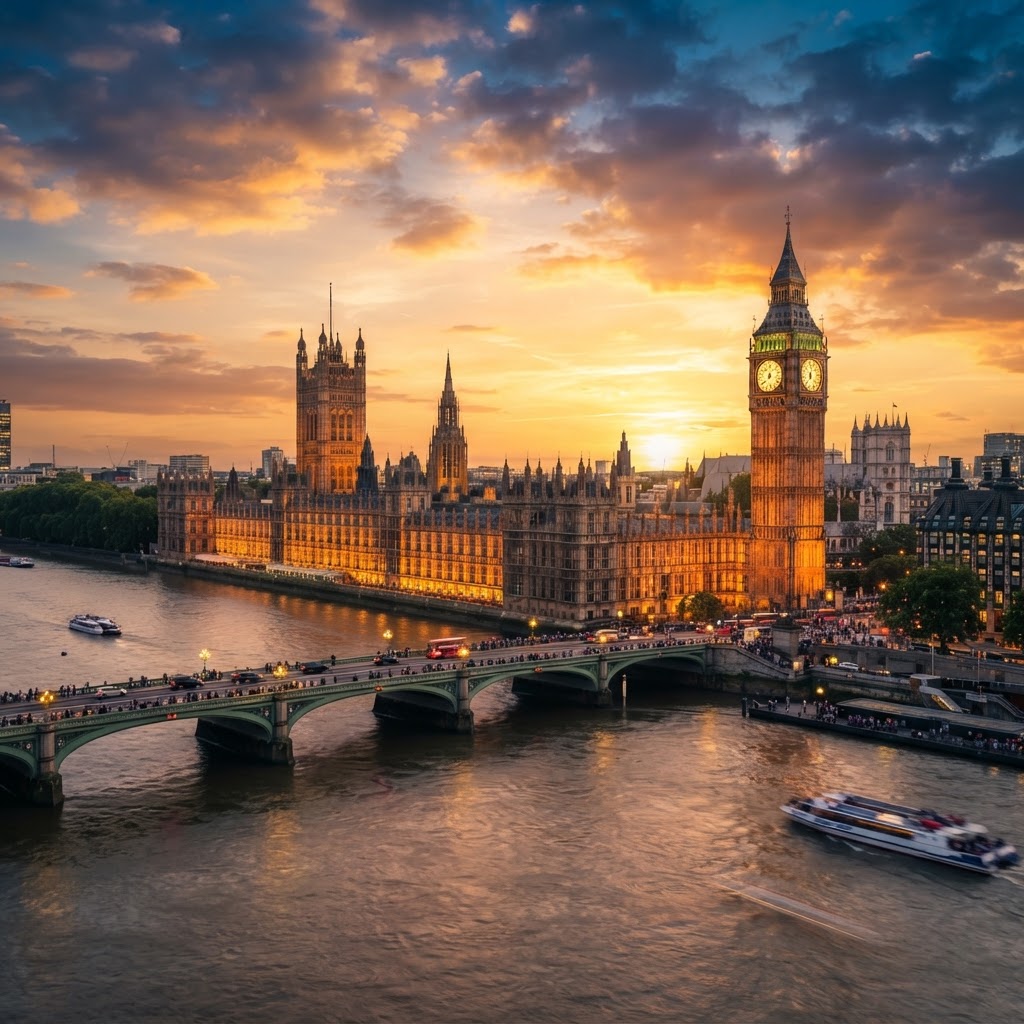 The iconic Big Ben and Parliament buildings at sunset.