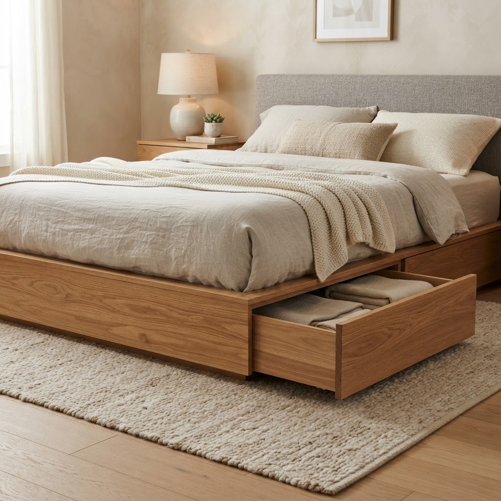 Integrated drawer units keep the under-bed area functional and hidden.