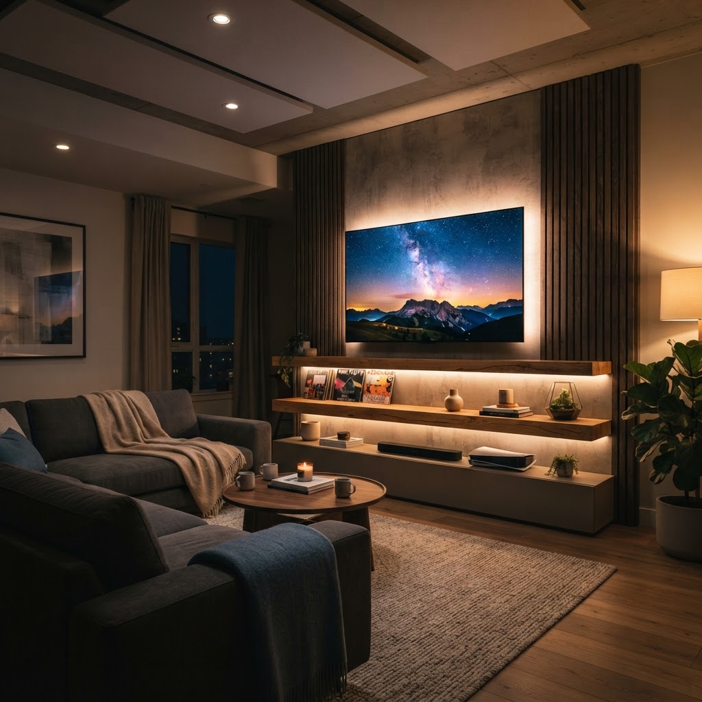 Indirect LED lighting creates a cinematic and modern atmosphere.