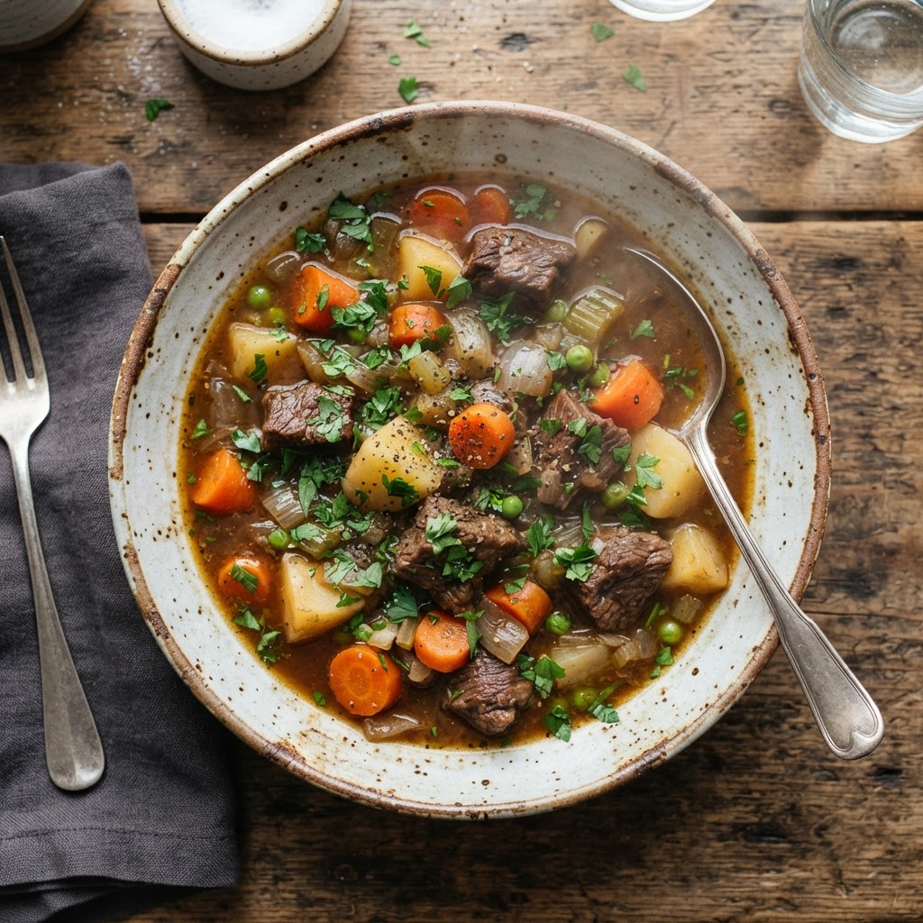 Hearty beef stew with perfectly cooked vegetables.