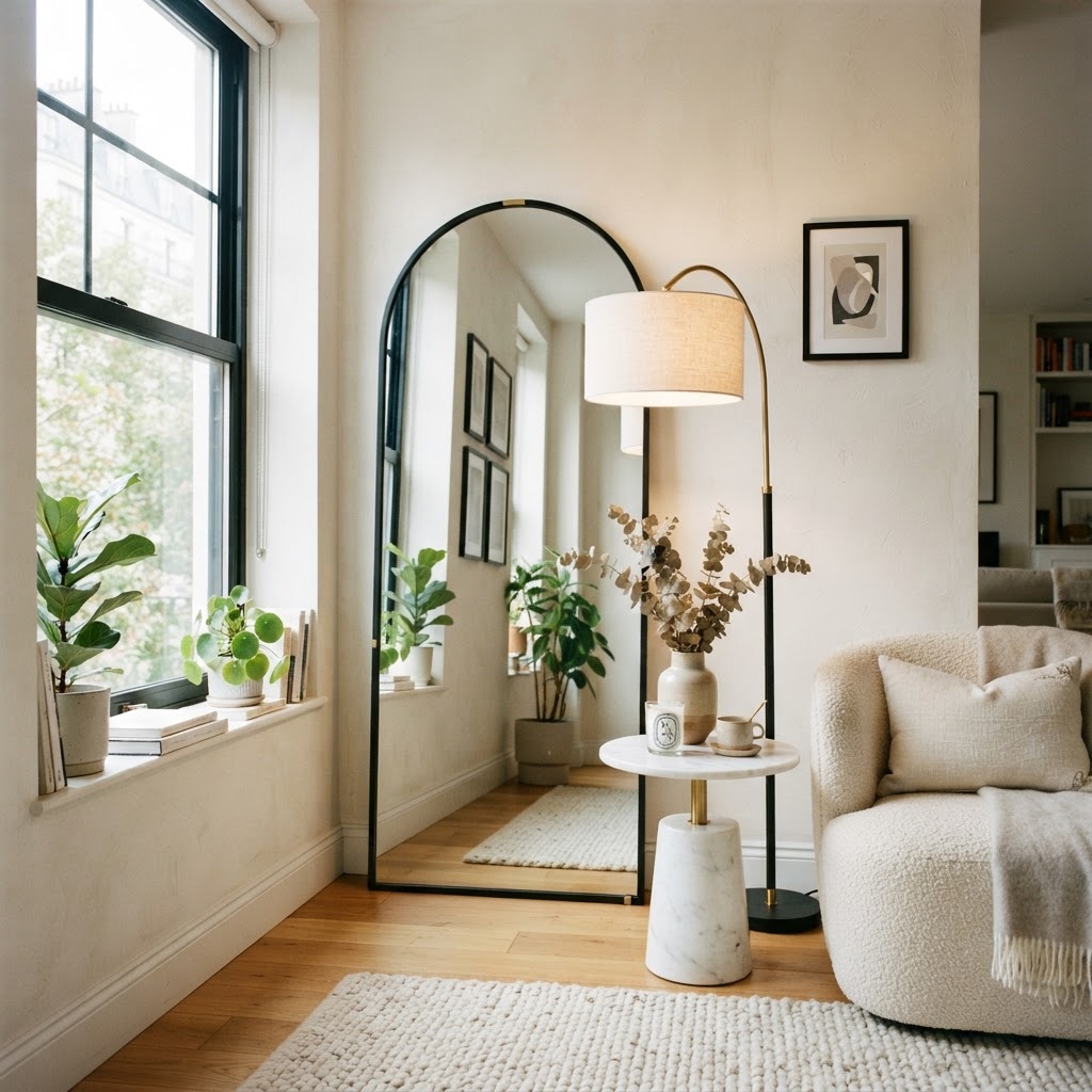 Mirrors and statement lighting make small spaces feel grand and expensive.