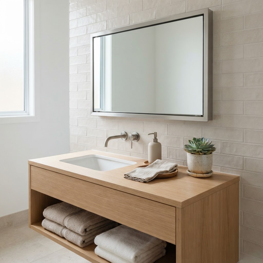 Recessed cabinets and light colors make small spaces feel bigger.