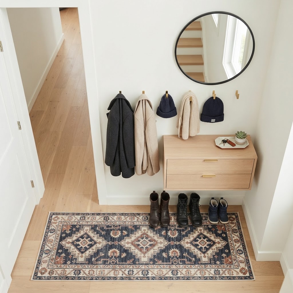 Minimalist wall-mounted furniture maximizes floor space.