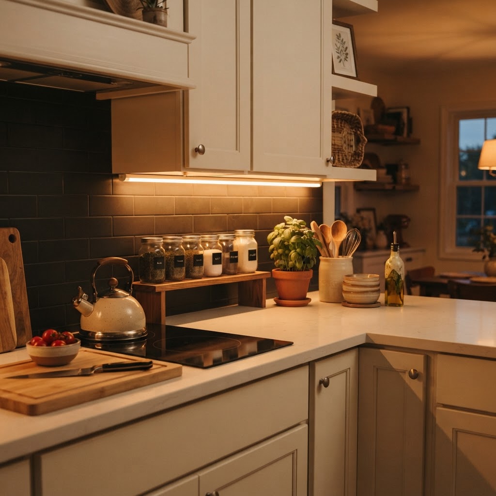 Under-cabinet lighting adds warmth and functionality to any rental kitchen.