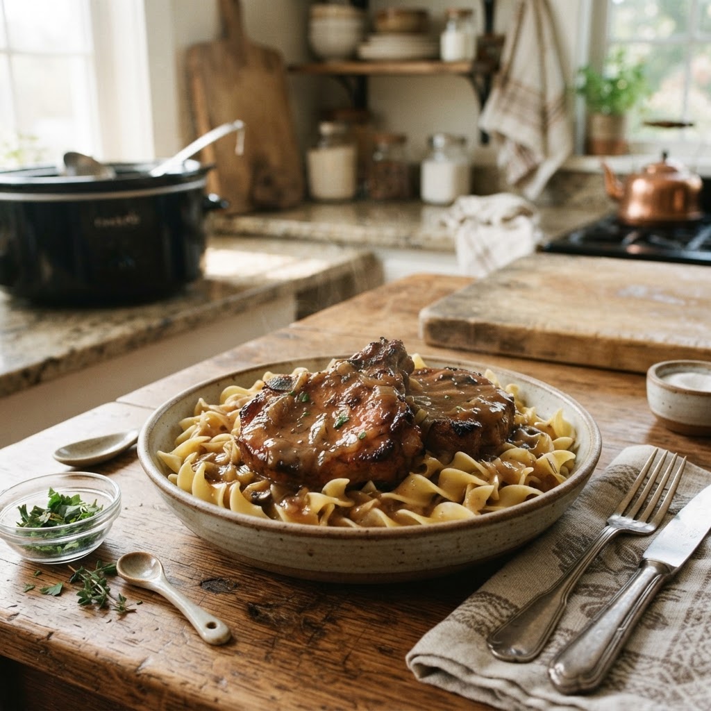 Savory slow cooker pork chops served over warm egg noodles.