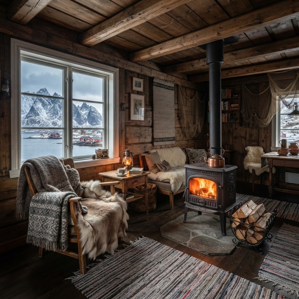 The interior of a renovated cabin, blending rustic heritage with modern warmth.
