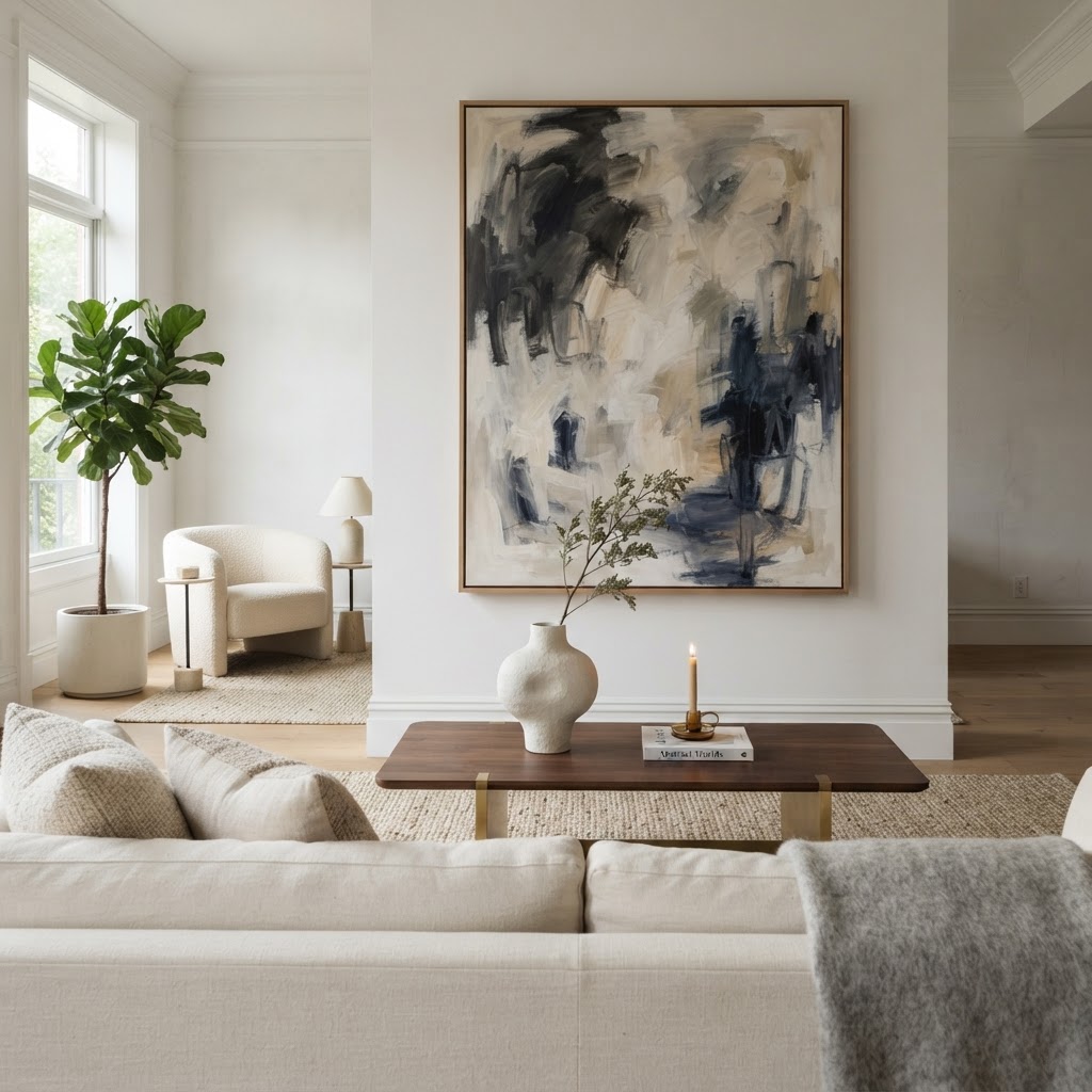 Large-scale art serves as a focal point that makes a rental feel custom-designed.
