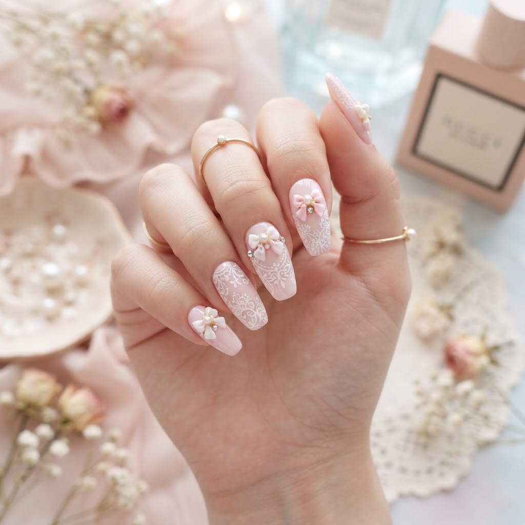 Soft pink coquette press-on nails featuring elegant bows and lace detailing.