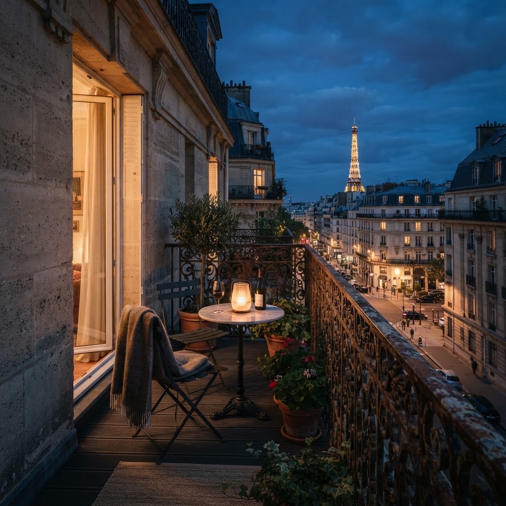 Quiet Luxury Paris Apartment Balcony Views to Save 4 Warm, subtle lighting transforms the balcony into an evening retreat.