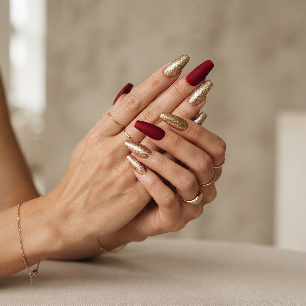 Dramatic coffin-shaped nails featuring matte red and shimmering gold.